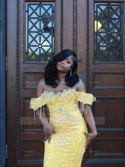 Yellow Lace Mermaid Prom Dress Off Shoulder 3D Floral Crystal Fringe Sparkly Evening Gown with Detachable Train