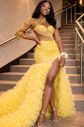 Yellow Mermaid Prom Dress One Long Sleeve Sheer Illusion Deep V Sweetheart Gold Crystal 3D Baroque Scroll Floral Vine Beaded Corset Gold Swirl Scroll Beading Panel Stretch Satin Skirt Gold 3D Lace Applique Hem High Split Cathedral Train Gown