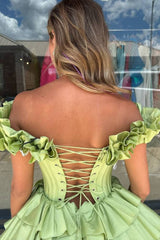 Yellow Off the Shoulder A-Line Short Corset Homecoming Dress with Ruffles