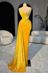 Yellow Rhinestone Bright Spaghetti Straps Ruched Mermaid Satin Floor Length Evening Gown
