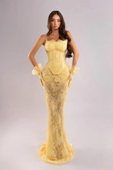 Yellow Rhinestone Strapless Lace Corset Mermaid Floor Length Formal Evening Dress
