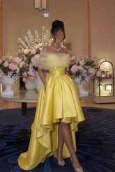 Yellow Satin A-Line Cocktail Dress Off-the-Shoulder Organza Puff Sleeve Hi-Lo Layered Skirt Formal Party Gown with Pockets