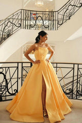 Yellow Satin Ball Gown Evening Dress Strapless Straight Neckline Pleated Voluminous Skirt Lace-Up Corset Back Thigh-High Slit Sweep Train Formal Gown