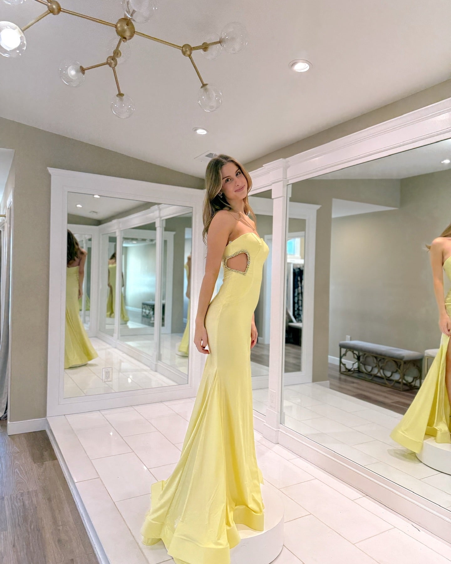 Yellow Satin Mermaid Evening Dress Strapless Sweetheart Crystal Cutout High Slit Formal Gown