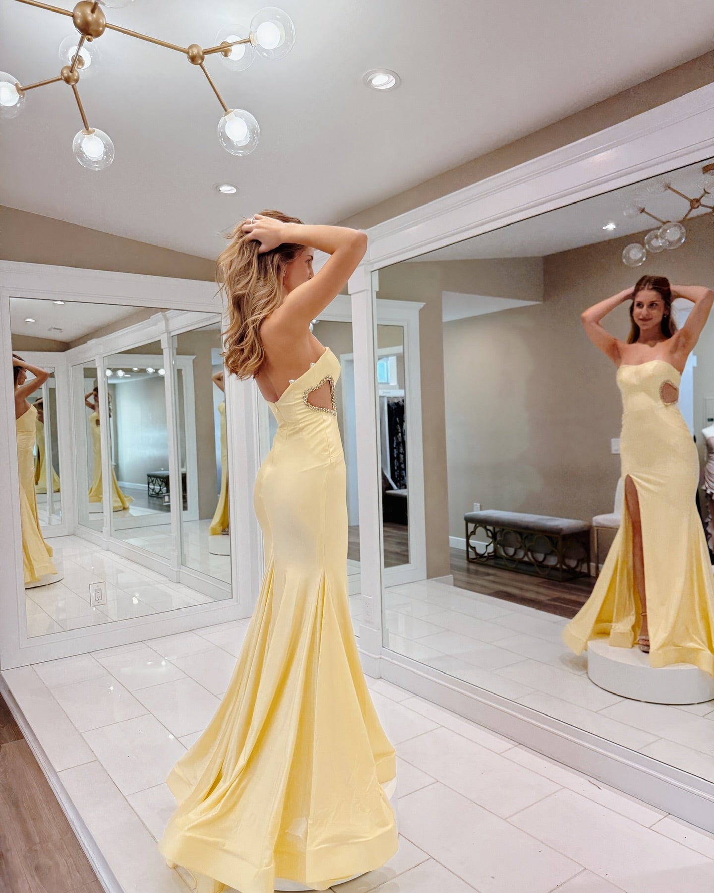 Yellow Satin Mermaid Evening Dress Strapless Sweetheart Crystal Cutout High Slit Formal Gown