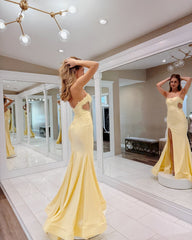Yellow Satin Mermaid Evening Dress Strapless Sweetheart Crystal Cutout High Slit Formal Gown