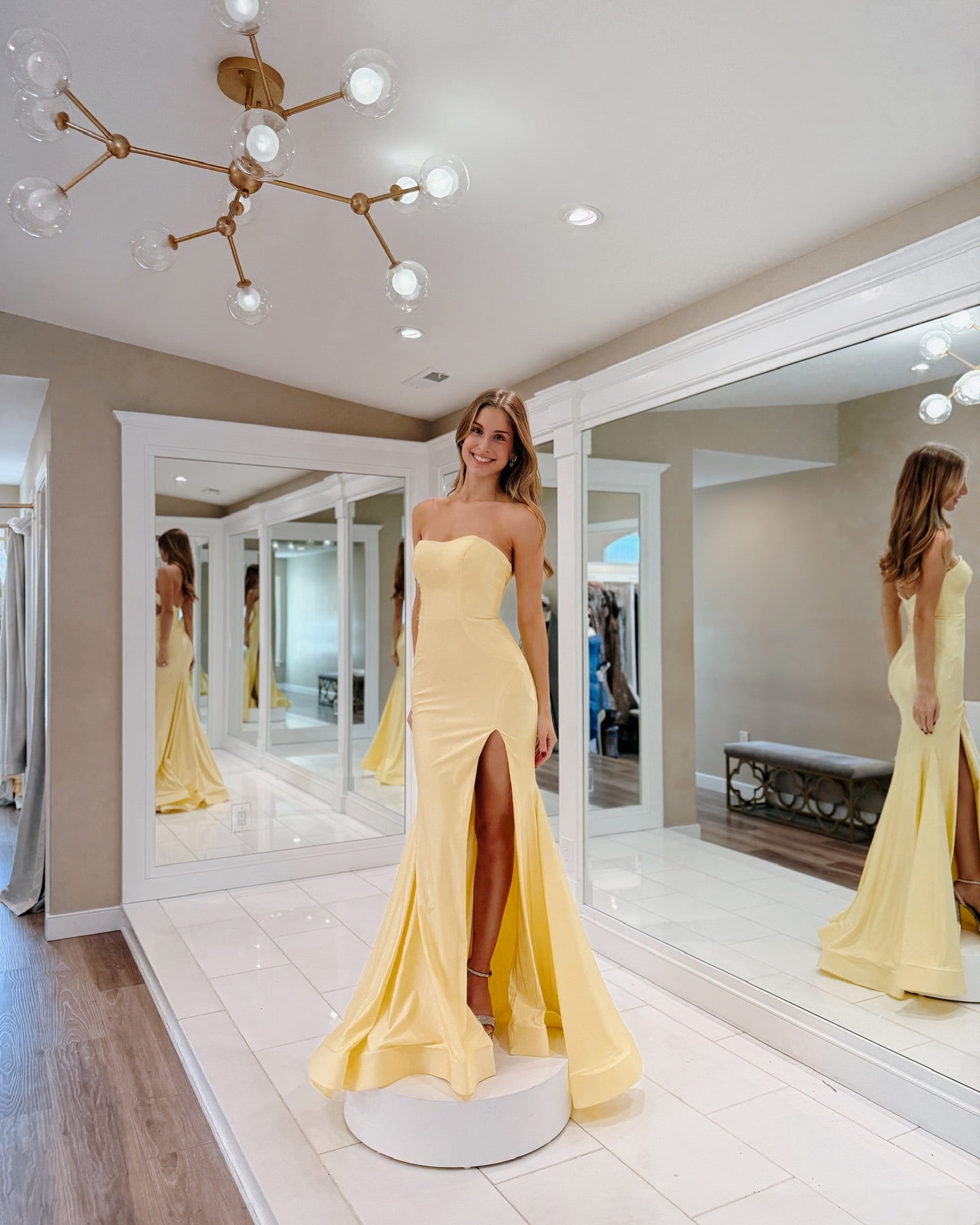 Yellow Satin Mermaid Evening Dress Strapless Sweetheart Crystal Cutout High Slit Formal Gown