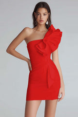 Yellow Satin Satin One Shoulder Short Tight Homecoming Dress with Ruffles