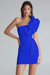 Yellow Satin Satin One Shoulder Short Tight Homecoming Dress with Ruffles