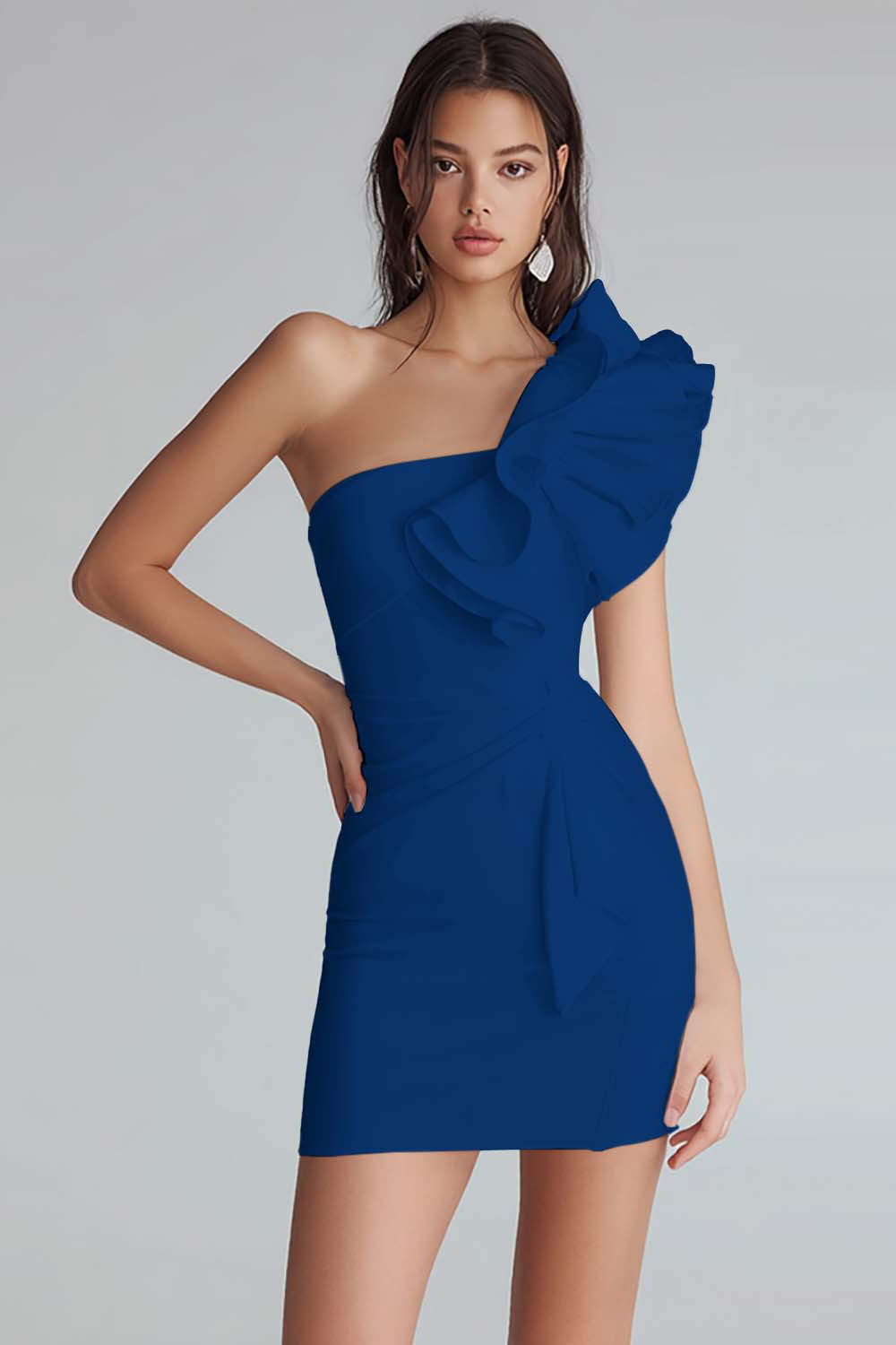 Yellow Satin Satin One Shoulder Short Tight Homecoming Dress with Ruffles