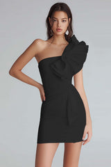 Yellow Satin Satin One Shoulder Short Tight Homecoming Dress with Ruffles