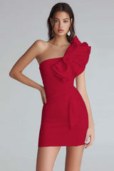 Yellow Satin Satin One Shoulder Short Tight Homecoming Dress with Ruffles