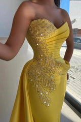 Yellow Satin Strapless Mermaid Evening Gown Sweetheart Gold Sequin Crystal Beaded Bodice Ruched Waist Asymmetric Draped Train