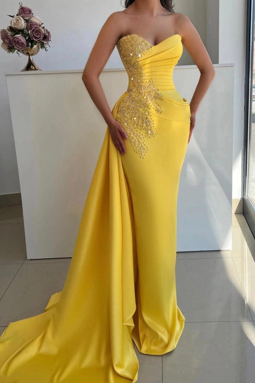 Yellow Satin Strapless Mermaid Evening Gown Sweetheart Gold Sequin Crystal Beaded Bodice Ruched Waist Asymmetric Draped Train