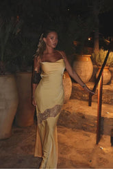 Yellow Spaghetti Straps Sleeveless Lace Backless Mermaid Satin Floor Formal Evening Dress