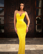 Yellow Spaghetti Straps Sweetheart Satin Beaded Corset Mermaid Floor Formal Evening Gown
