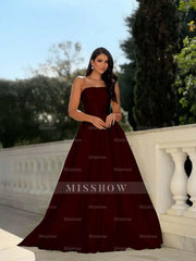 Yellow Strapless Sleeveless A-Line Pleated Satin Floor Length Formal Evening Gown