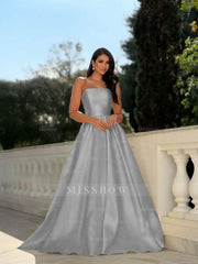 Yellow Strapless Sleeveless A-Line Pleated Satin Floor Length Formal Evening Gown