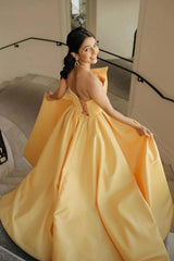 Yellow Strapless Sleeveless Ball Gown Satin Pleated Slit Floor Length Formal Evening Gown