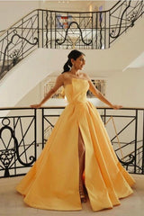 Yellow Strapless Sleeveless Ball Gown Satin Pleated Slit Floor Length Formal Evening Gown