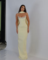 Yellow Strapless Sleeveless Mermaid Satin Rhinestone Open Back Floor Length Evening Gown