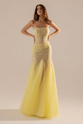 Yellow strapless pleated mermaid evening dress