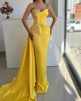 Yellow Strapless Sweetheart Beaded Satin Mermaid Floor Length Formal Evening Gown