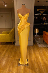 Yellow Strapless Sweetheart Sleeveless Mermaid Pleated Floor Length Formal Evening Gown