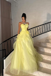 Yellow Strapless Sweetheart Sleeveless Ruffled Flower Ball Gown Floor Formal Evening Dress