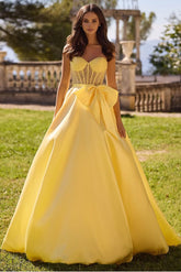 Yellow Sweetheart Sleeveless Beaded Satin Bow Ball Gown Floor Length Formal Evening Dress