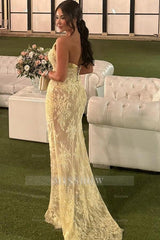 Yellow Sweetheart Sleeveless Lace Appliques Mermaid Slit Floor Length Evening Dress
