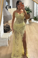Yellow Sweetheart Sleeveless Lace Appliques Mermaid Slit Floor Length Evening Dress