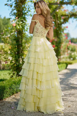 Yellow Sweetheart Sleeveless Lace Ruffled A-line Floor Length Formal Evening Gown