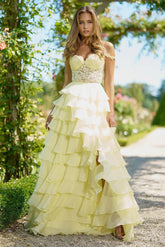 Yellow Sweetheart Sleeveless Lace Ruffled A-line Floor Length Formal Evening Gown