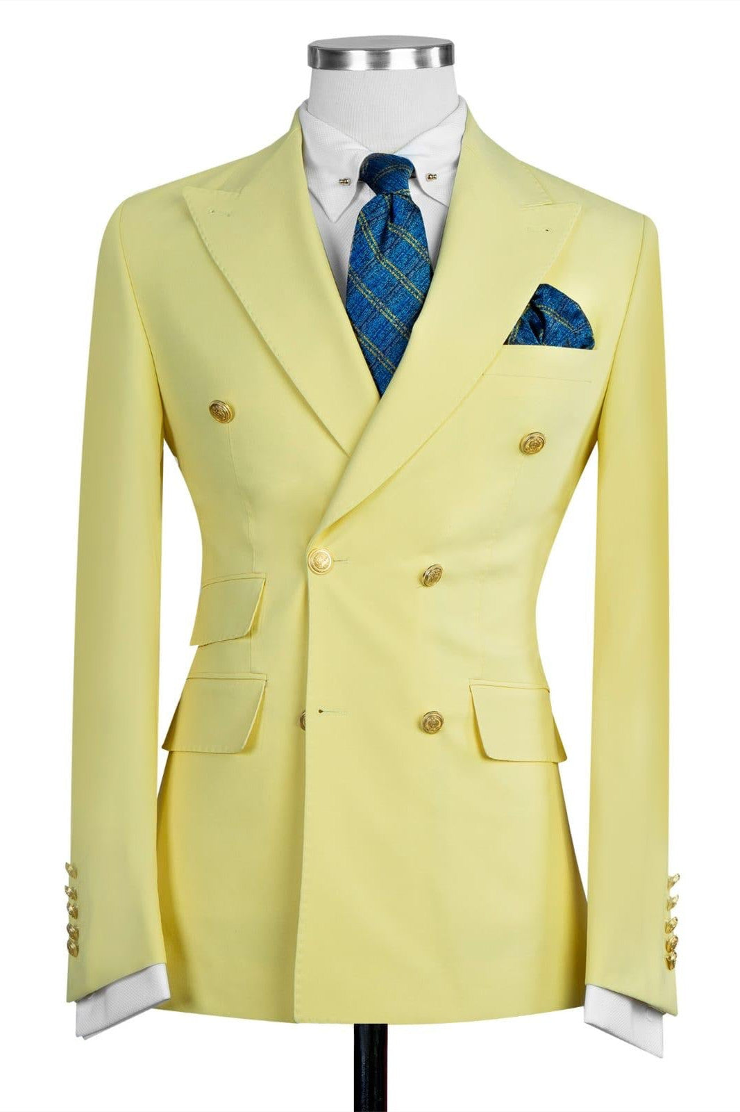 Yellow Trendy Double Breasted Peak Lapel Men’s Suits