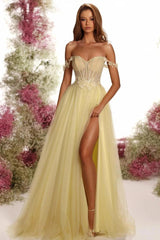 Yellow Tulle A-Line Prom Dress Off Shoulder Sweetheart Lace Corset Bodice High Slit