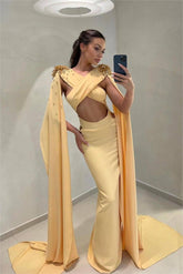 Yellow V-Neck Sleeveless Mermaid Satin Pleated Beaded Floor Length Formal Evening Gown