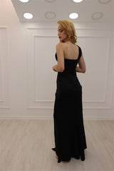 A-line Black One Shoulder Glitter Sleeveless Prom Dress With Slit