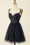 A-line Black Spaghetti Straps Sleeveless Appliques Homecoming Dresses-misshow.com