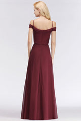 A-line Burgundy Bridesmaid Dress Off-the-shoulder Floor Length Party Dress