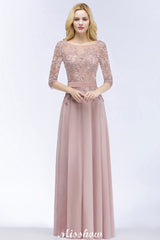 A-line Chiffon Appliques Bridesmaid Dresses Jewel Half-Sleeves Floor-Length Evening Gown with Sash
