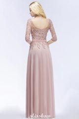 A-line Chiffon Appliques Bridesmaid Dresses Jewel Half-Sleeves Floor-Length Evening Gown with Sash