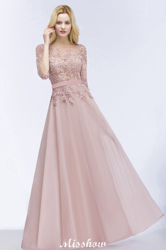 A-line Chiffon Appliques Bridesmaid Dresses Jewel Half-Sleeves Floor-Length Evening Gown with Sash