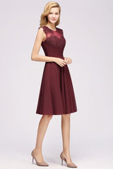 A-line Chiffon Appliques Jewel Sleeveless Knee-Length Bridesmaid Dresses with Ruffles