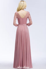 A-line Chiffon Floor-Length Bridesmaid Dress Appliques V-Neck Long-Sleeves Evening Dress