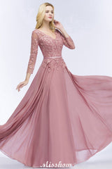 A-line Chiffon Floor-Length Bridesmaid Dress Appliques V-Neck Long-Sleeves Evening Dress