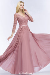 A-line Chiffon Floor-Length Bridesmaid Dress Appliques V-Neck Long-Sleeves Evening Dress