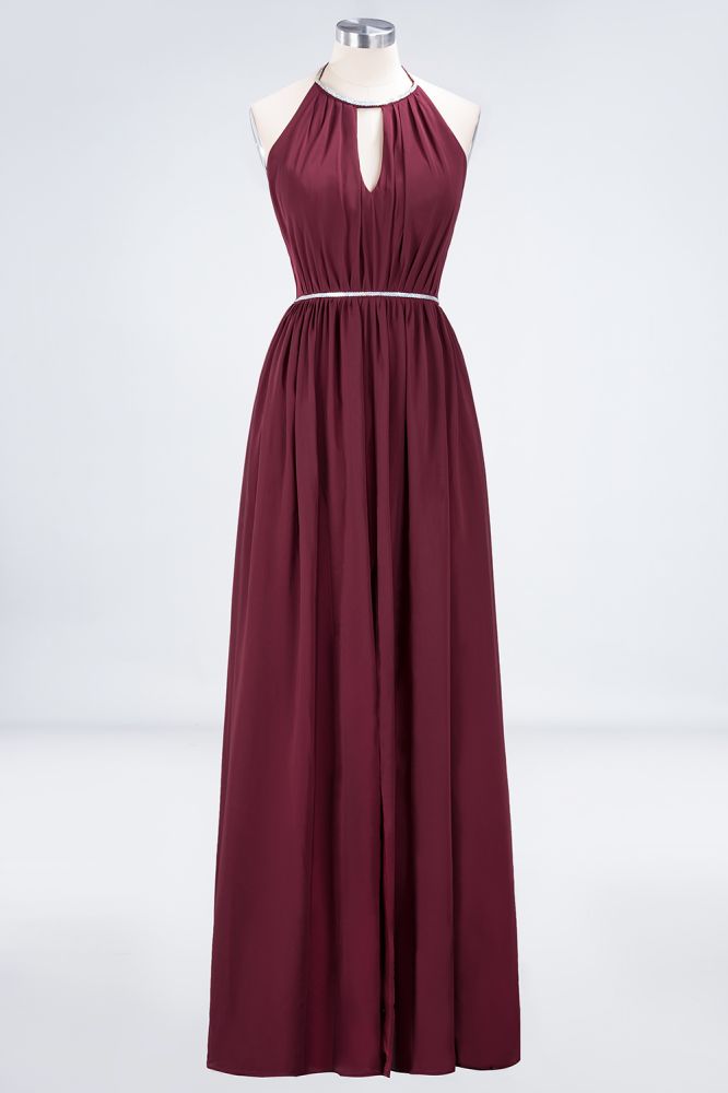 A-line Chiffon Halter Sleeveless Floor-Length Bridesmaid Dress with Beading Sash