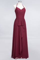 A-Line Chiffon Halter V-Neck Sleeveless Floor-Length Bridesmaid Dress with Ruffle