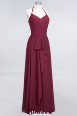 A-Line Chiffon Halter V-Neck Sleeveless Floor-Length Bridesmaid Dress with Ruffle